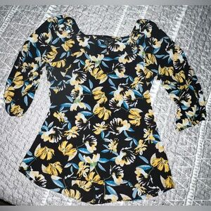 Harvé Benard women's black and blue/yellow floral square neck blouse Medium NWOT